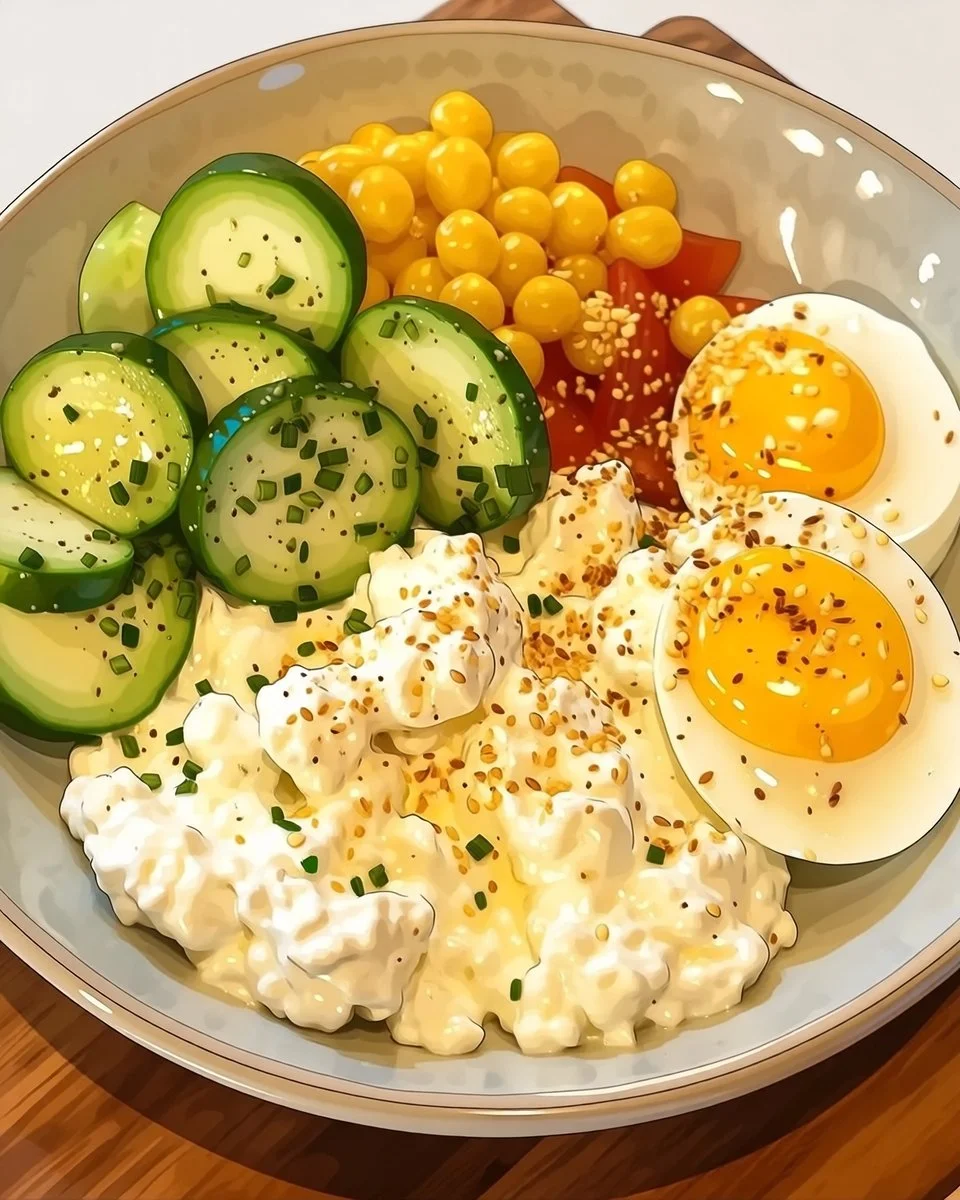 Cottage cheese with eggs and mixed vegetables in a colorful bowl