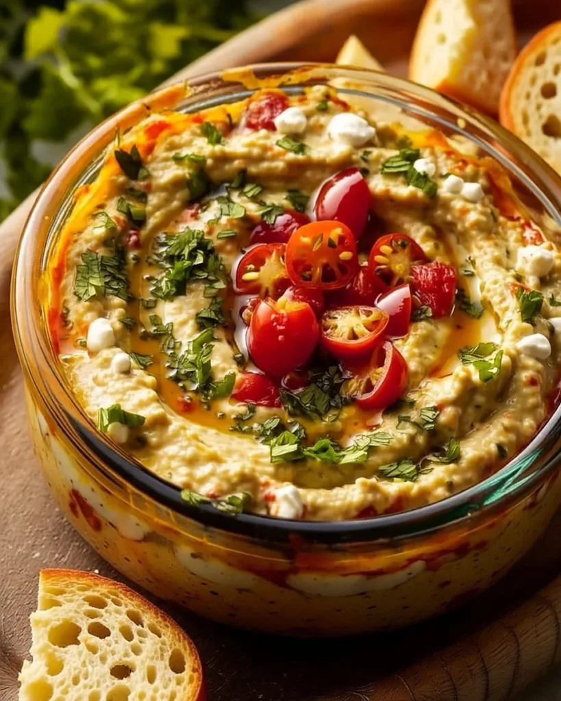 Creamy feta and roasted red pepper dip served in a bowl with fresh vegetables