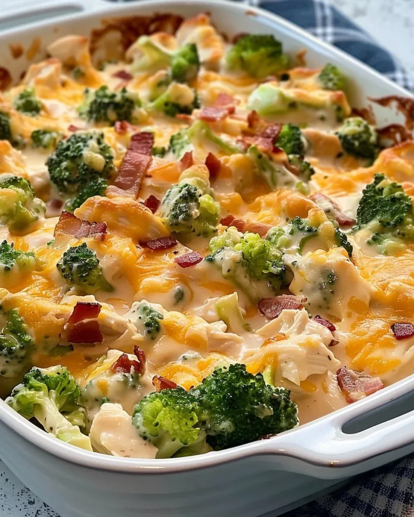 Creamy low carb chicken casserole with broccoli and bacon in a baking dish