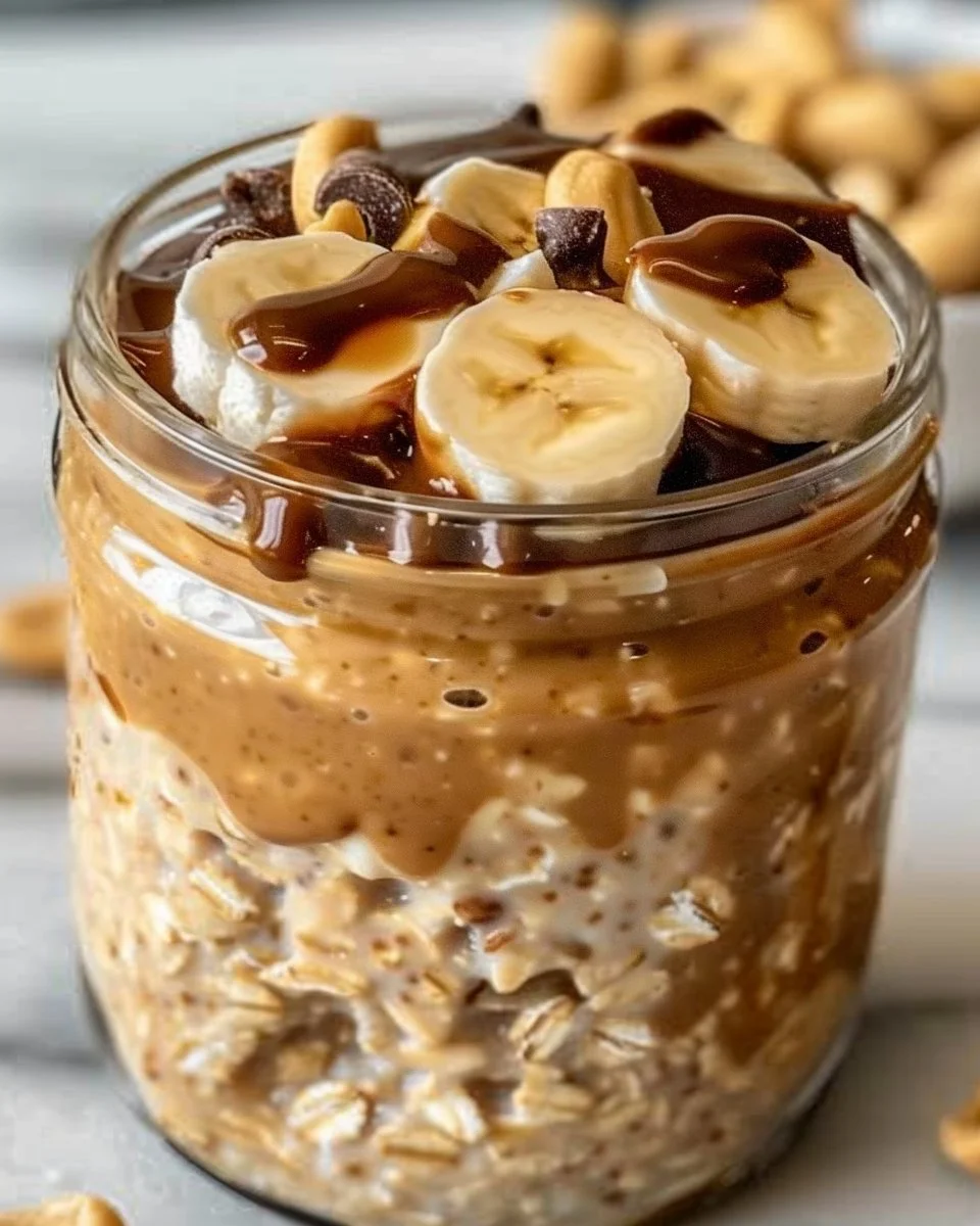 Delicious creamy peanut butter overnight oats topped with fresh fruit.