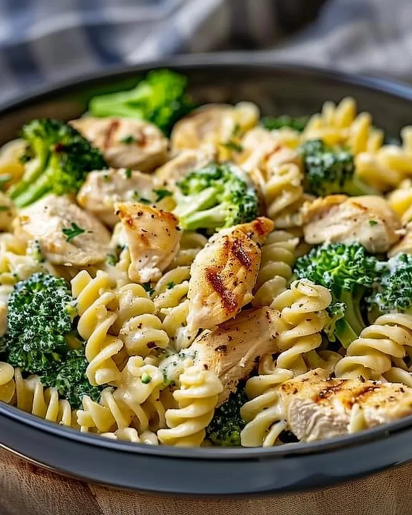 Creamy rotisserie chicken broccoli pasta served in a bowl