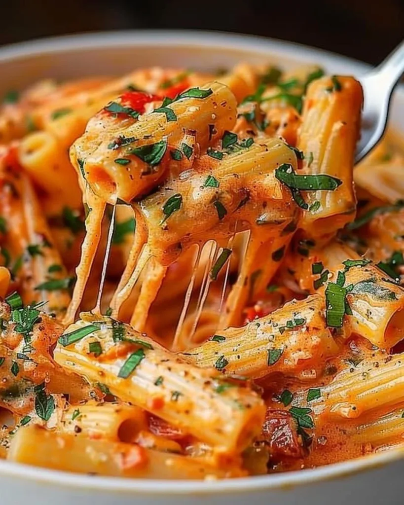 Creamy tomato garlic pasta served in a bowl with fresh basil garnish