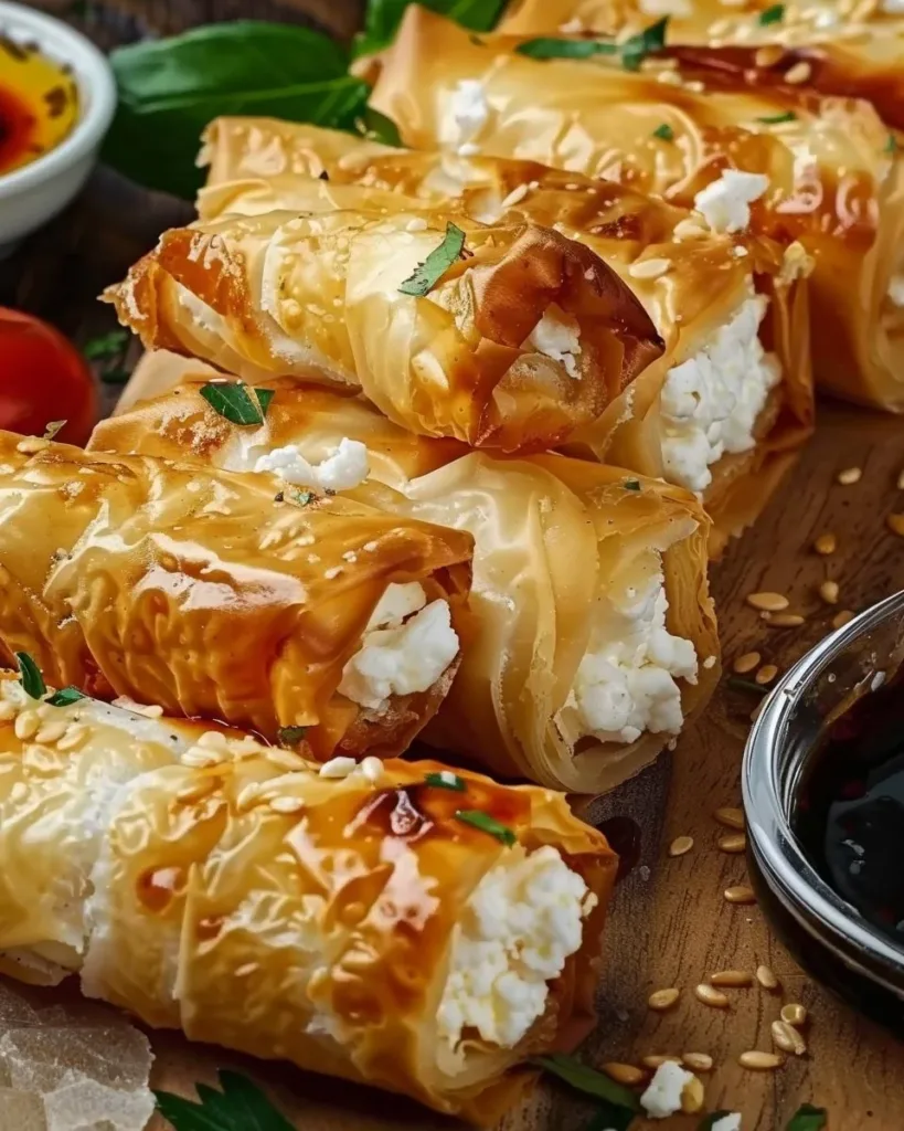 Plate of crispy feta rolls garnished and ready to serve
