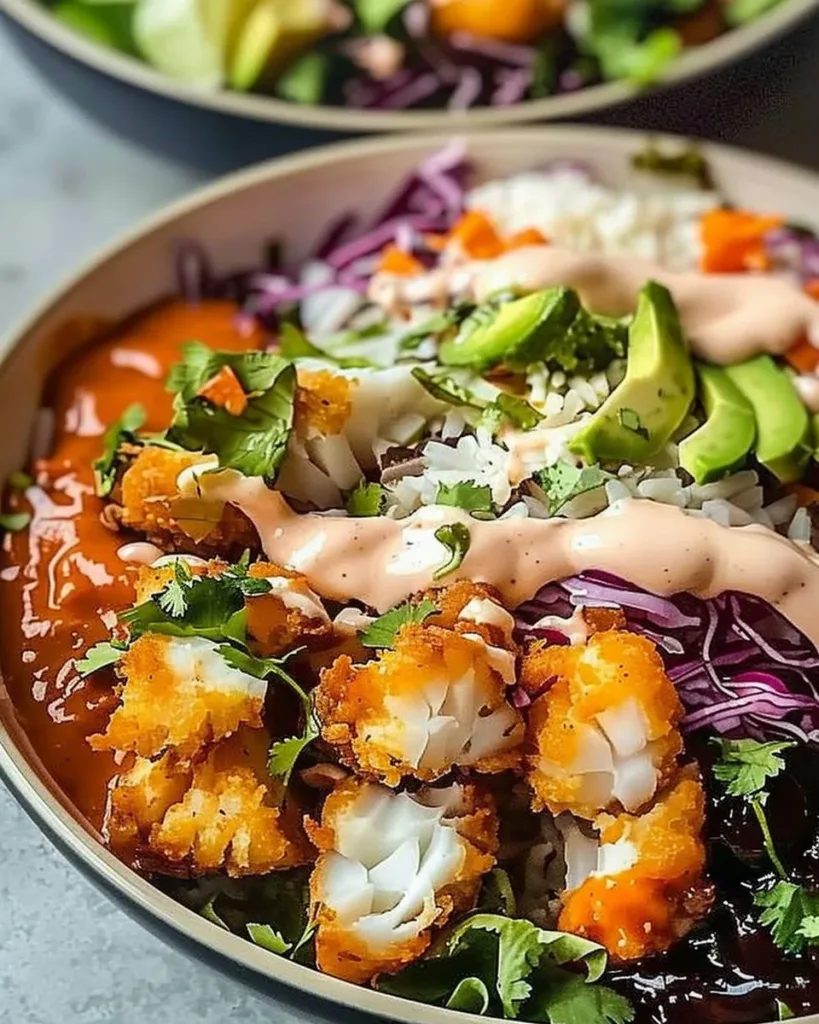 Crispy fish taco bowls with fresh toppings and vibrant ingredients