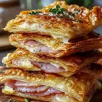 Crispy ham and cheese puff pastry stacks on a plate