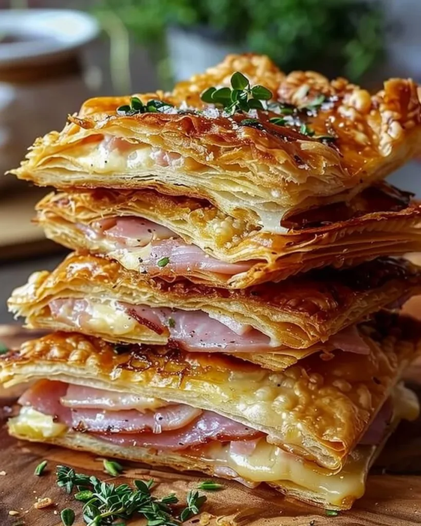 Crispy ham and cheese puff pastry stacks on a plate
