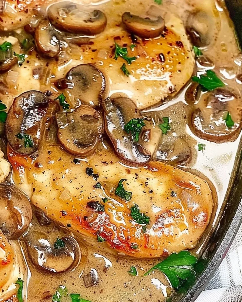 Crockpot Chicken Marsala served with mushrooms and herbs