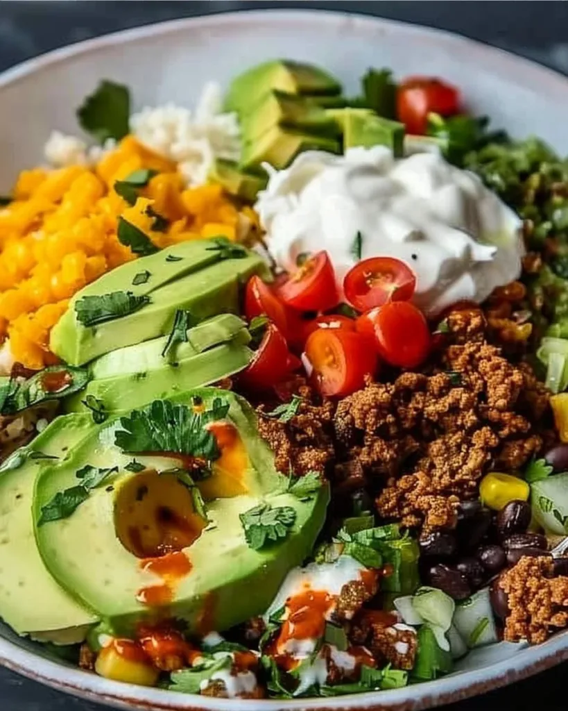 Easy low carb burrito bowl with fresh ingredients and toppings