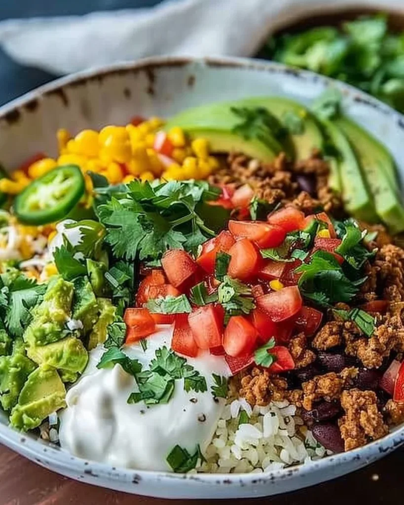 Healthy low carb burrito bowl with fresh ingredients in a bowl