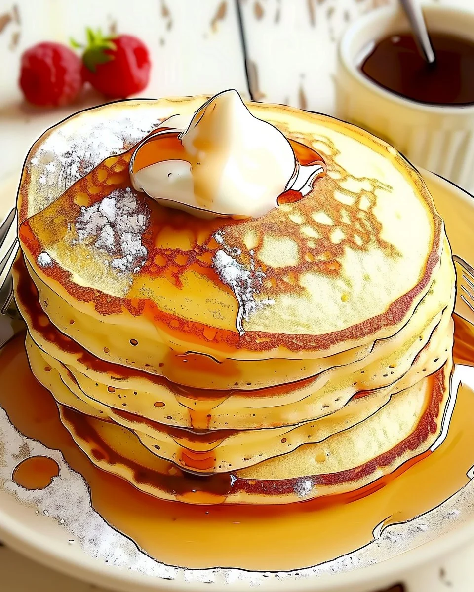 Flourless cottage cheese pancakes stacked on a plate with syrup and berries