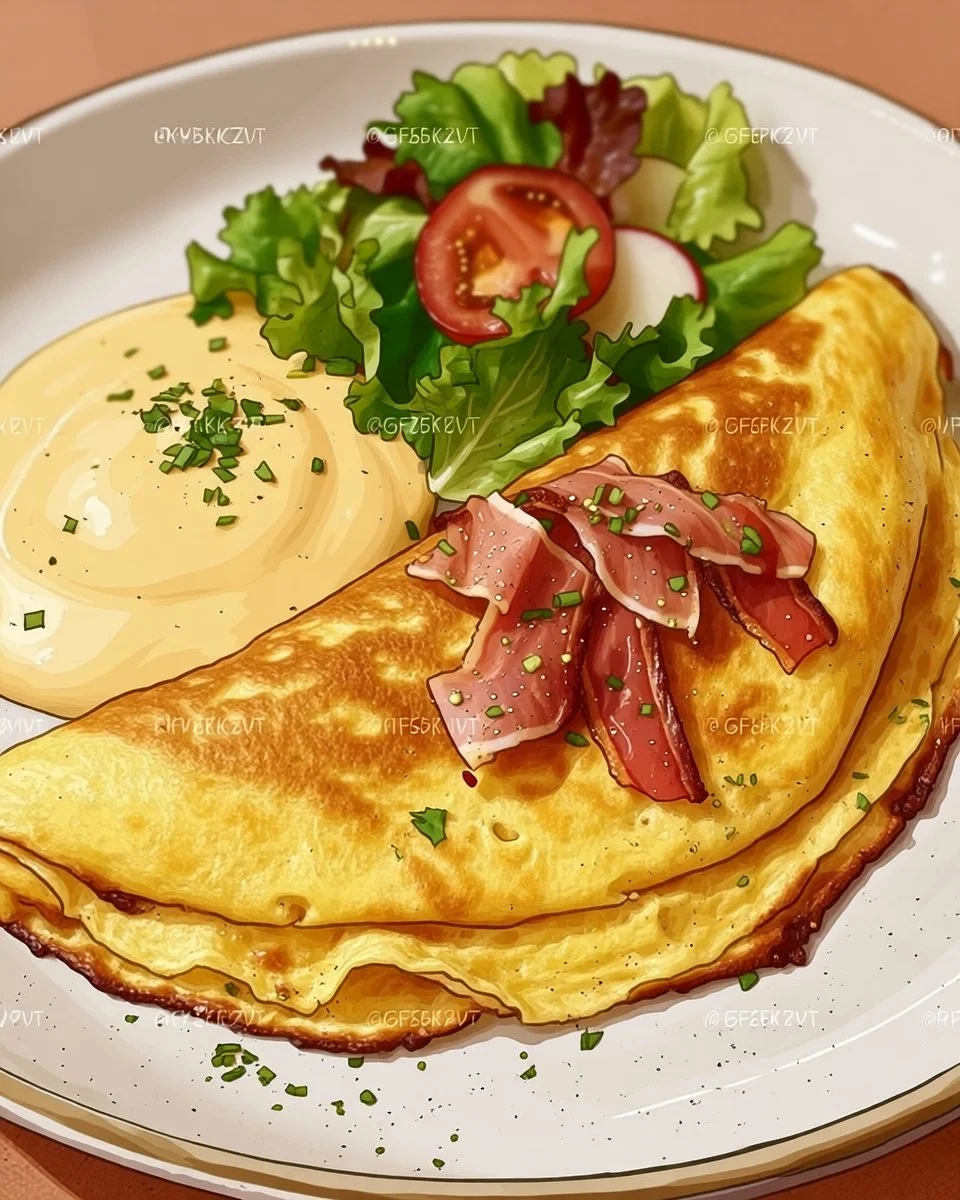 Fluffy omelette with bacon served alongside a vibrant salad