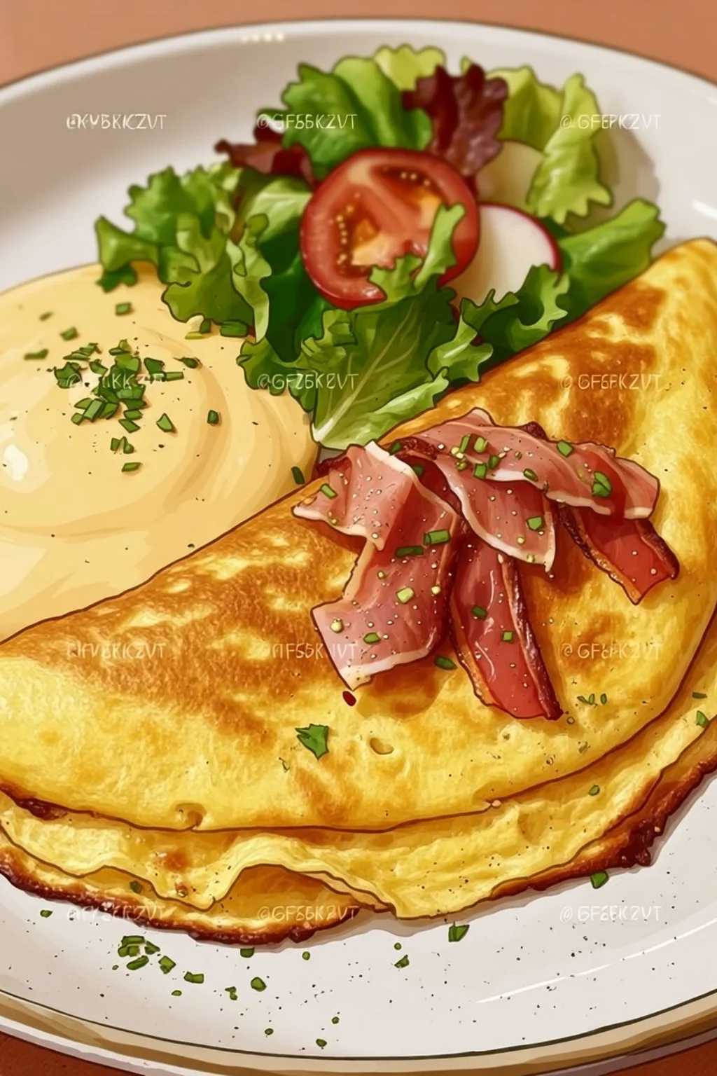Fluffy Omelette with Bacon and Salad