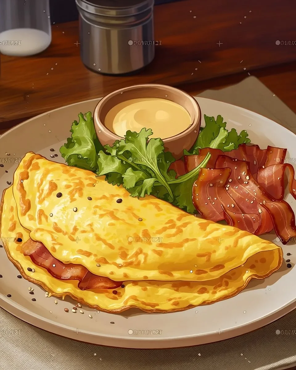 Fluffy Omelette with Bacon and Salad