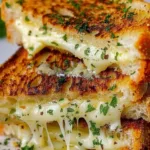 Delicious garlic bread grilled cheese sandwich with melted cheese and crispy edges.