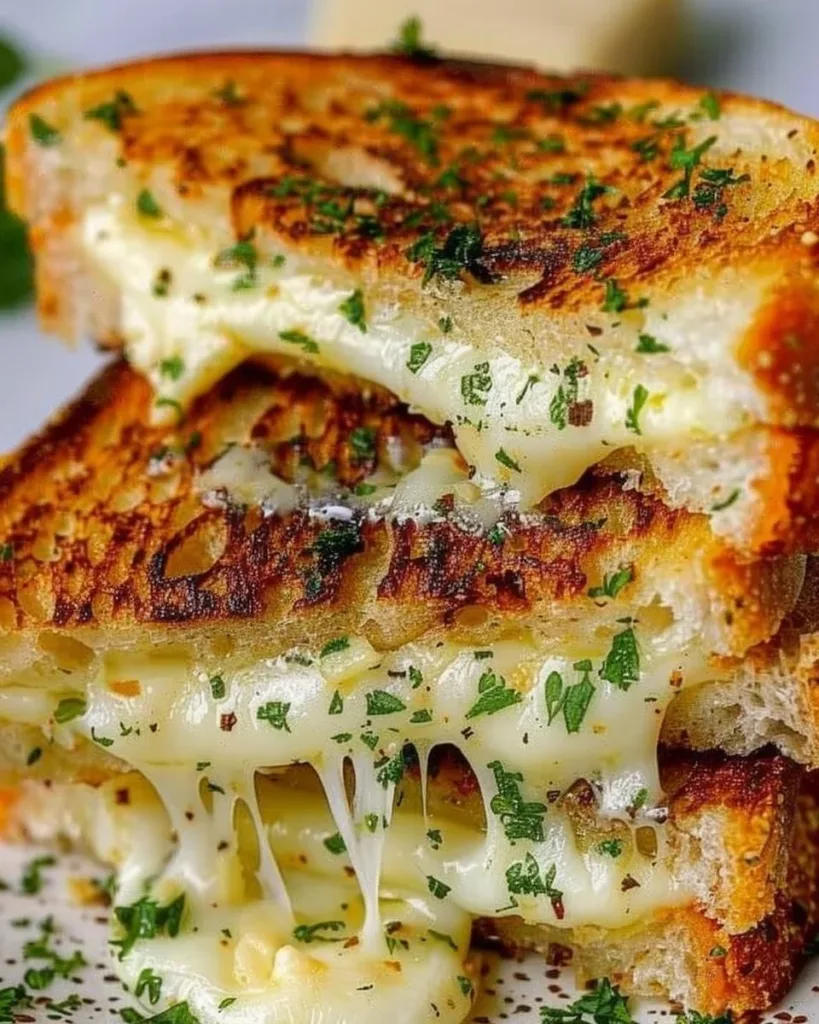 Delicious garlic bread grilled cheese sandwich with melted cheese and crispy edges.