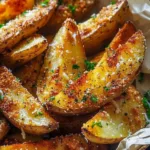 Crispy Garlic Parmesan Potato Wedges served in a bowl