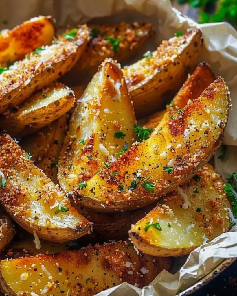 Crispy Garlic Parmesan Potato Wedges served in a bowl