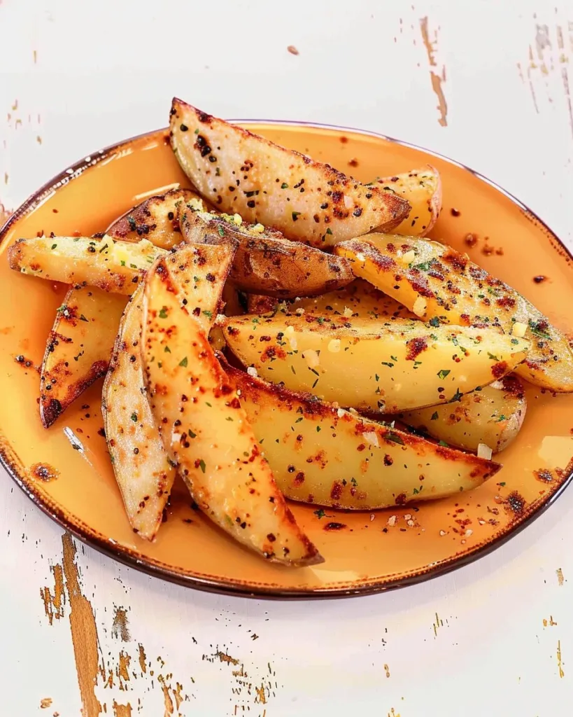 Garlic Parmesan Potato Wedges seasoned and baked until crispy and golden brown.