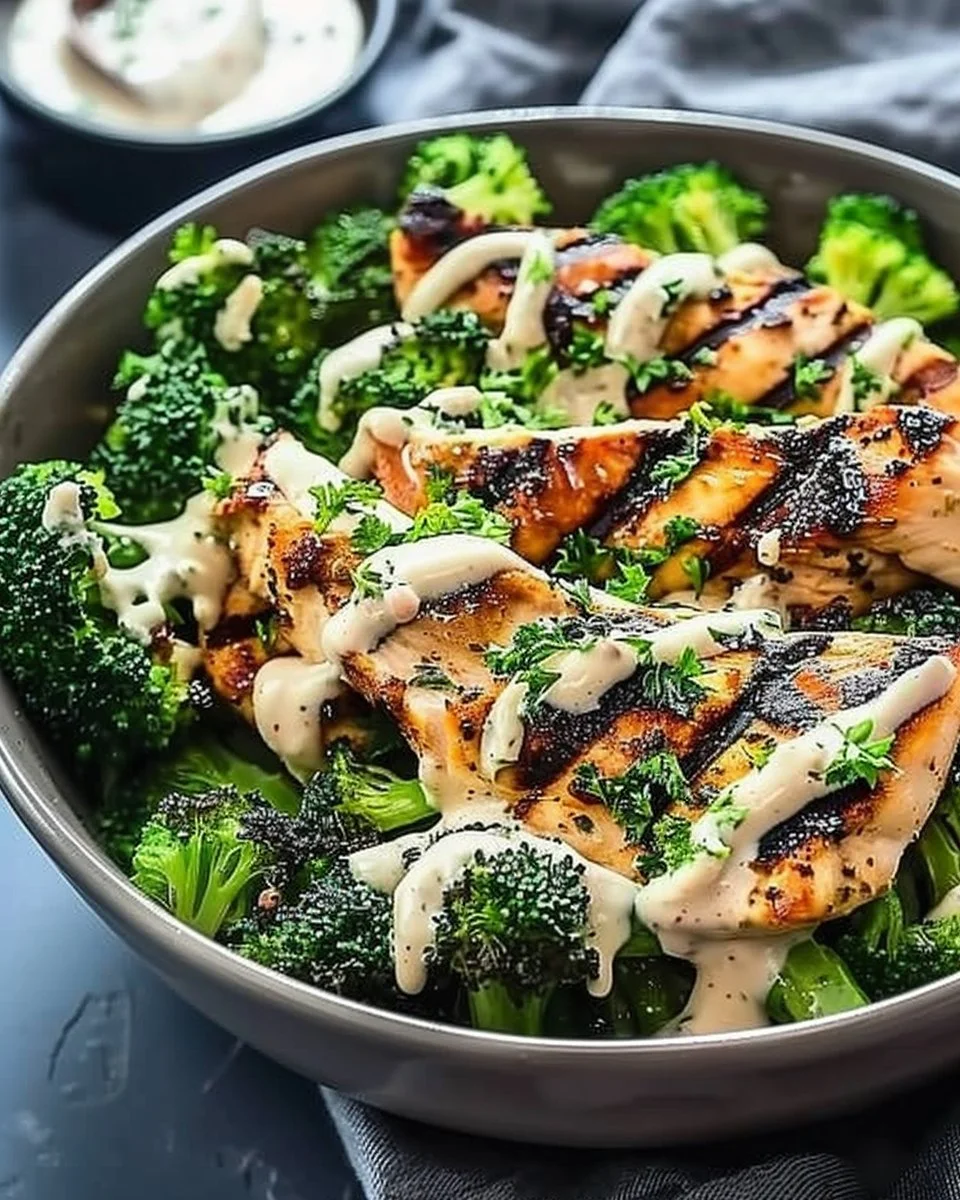 How to Make Grilled Chicken & Broccoli Bowls with Creamy Garlic Sauce
