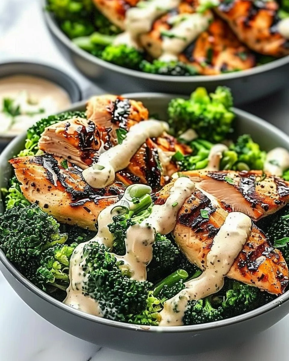 How to Make Grilled Chicken & Broccoli Bowls with Creamy Garlic Sauce