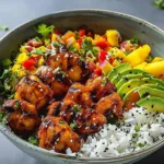 Grilled Maple Sriracha Chicken Bites with Coconut Rice and Mango Avocado Salsa