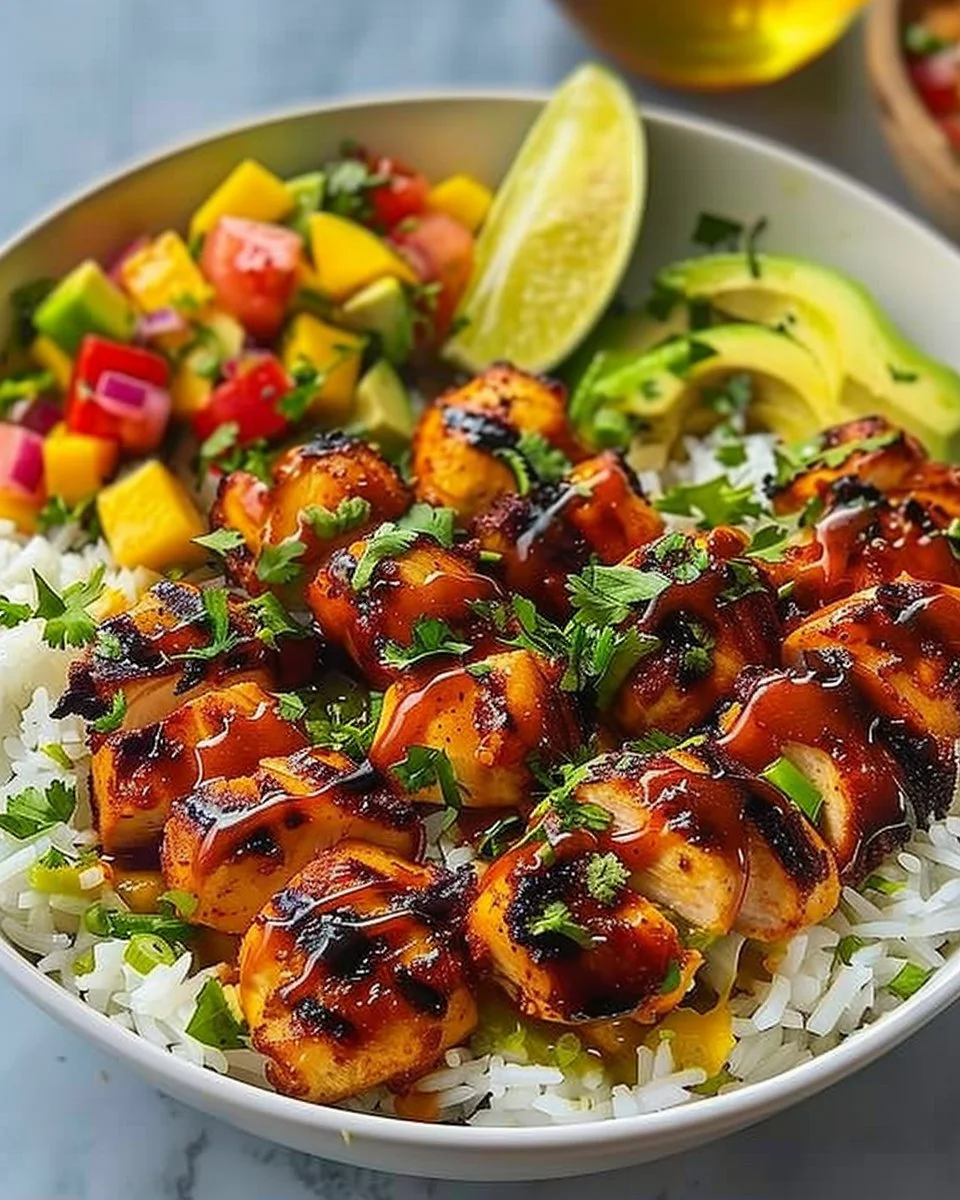 Grilled Maple Sriracha Chicken Bites with Coconut Rice & Mango Avocado Salsa Bowl with Chili Mayo