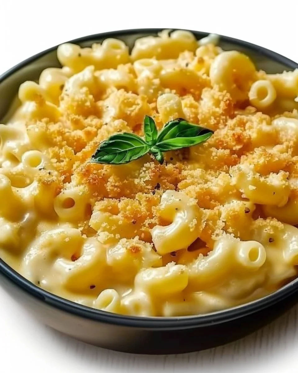 A serving of guilt-free mac and cheese topped with herbs and served in a bowl.