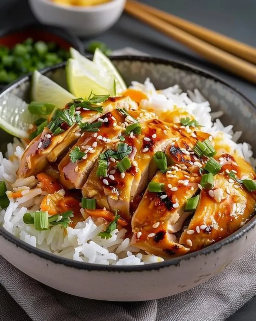 Plate of Hawaiian Chicken served with flavorful coconut rice