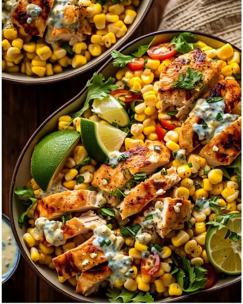Healthy chicken and street corn bowls served with fresh ingredients
