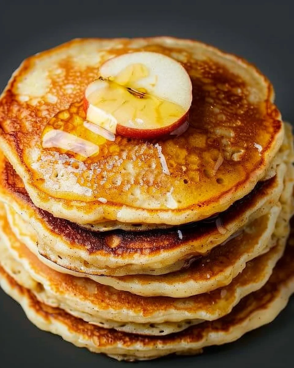 Healthy oatmeal apple pancakes served on a plate with fresh apples