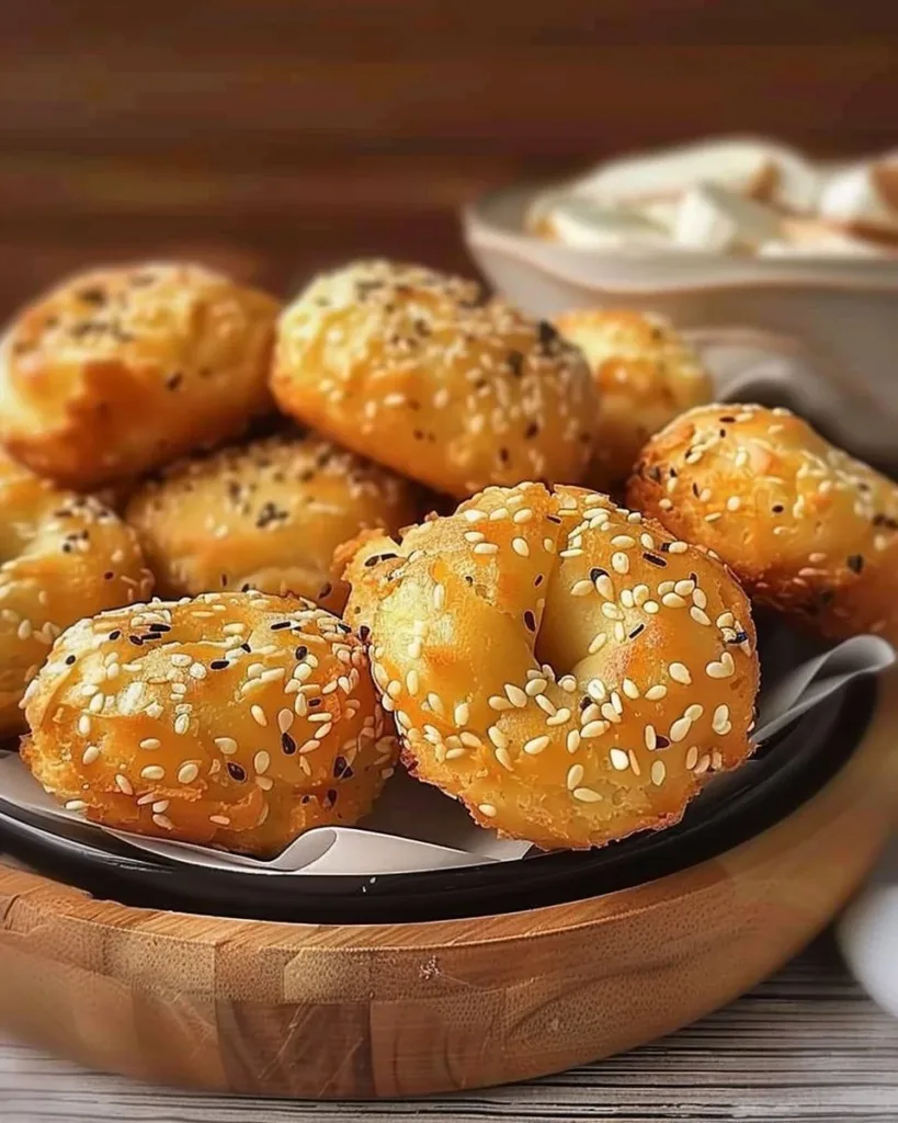 High-protein bagel bites topped with cheese and herbs on a plate