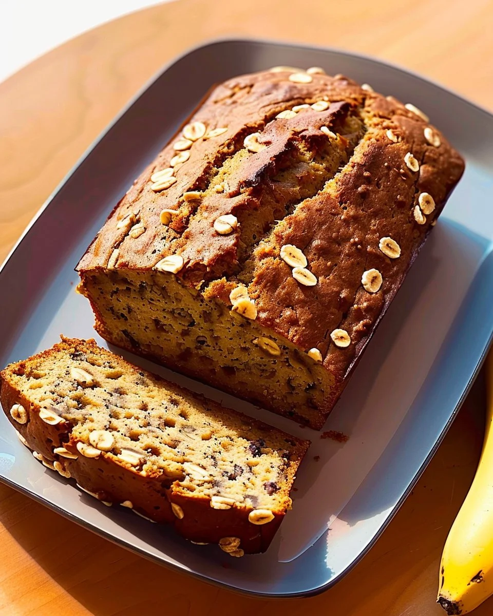 High protein banana bread loaf sliced and displayed on a wooden table