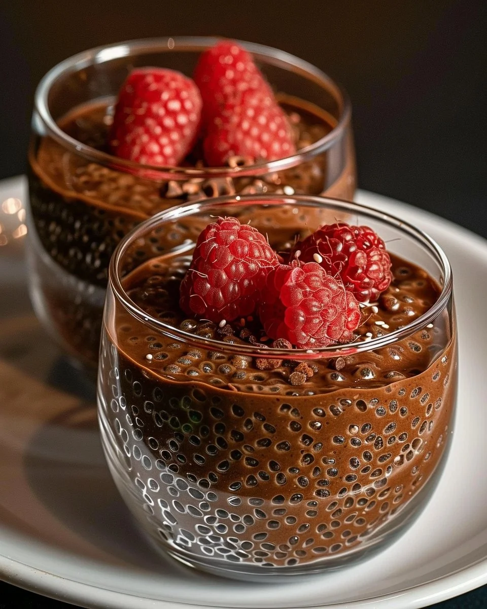 High protein chocolate chia seed pudding served in a bowl with toppings