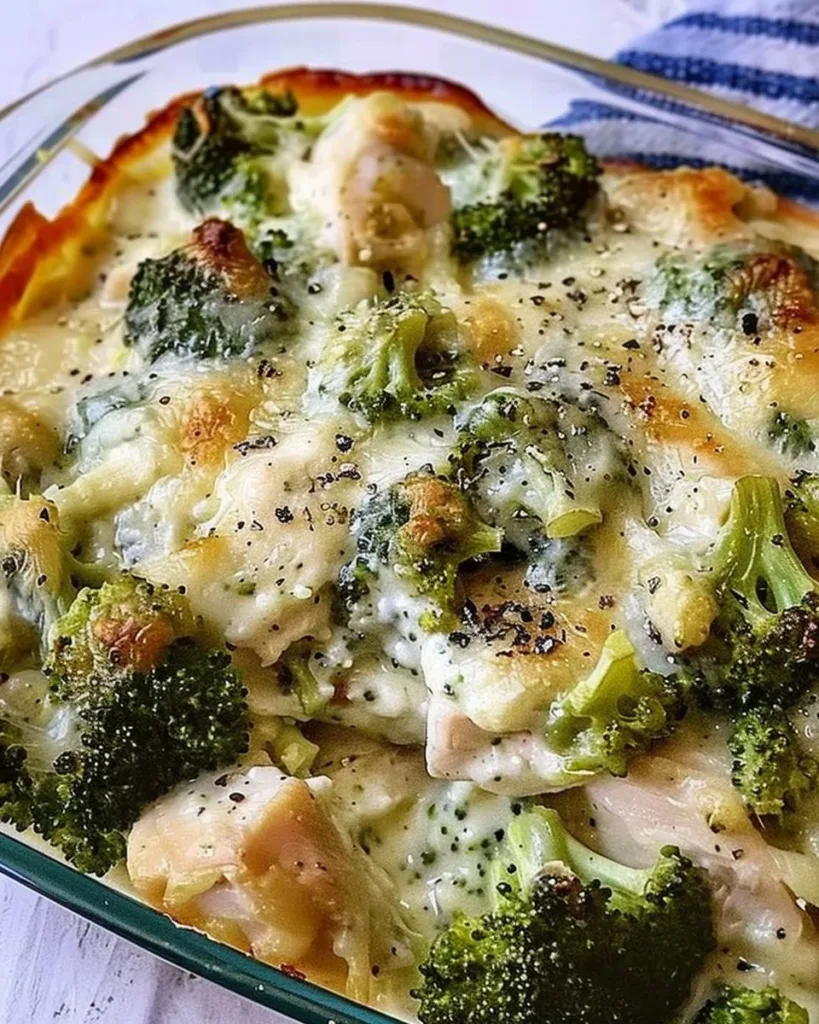 Keto Chicken Alfredo Broccoli Bake with creamy sauce and broccoli