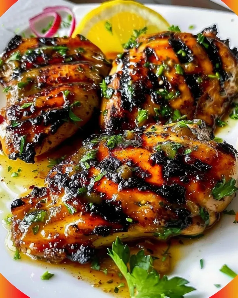 Delicious Key West grilled chicken garnished with fresh herbs and served on a plate.