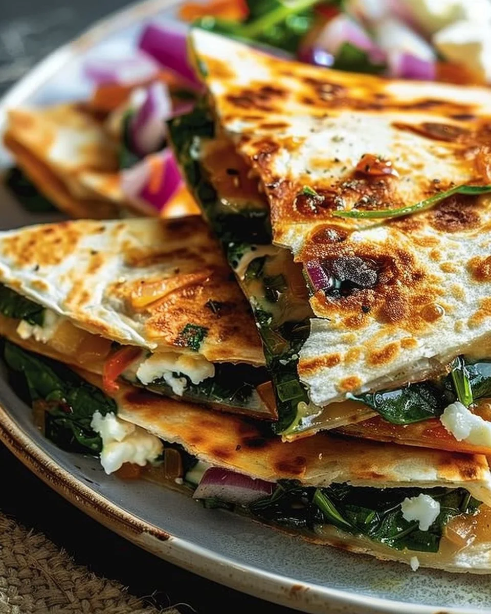 Mediterranean Quesadillas with Spinach, Feta, Mozzarella, and Red Onion