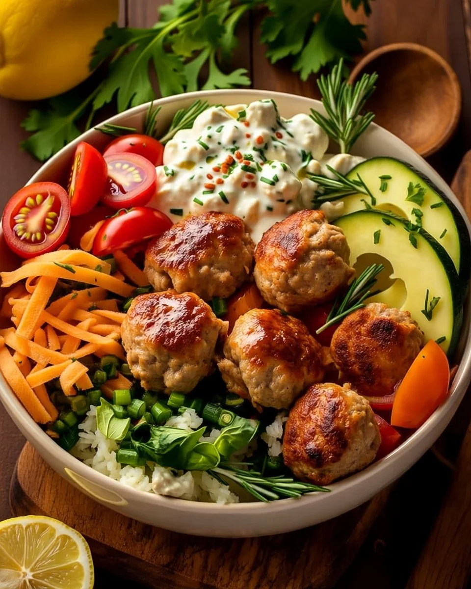 Mediterranean Turkey Meatballs Bowl with fresh ingredients and herbs