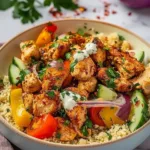Moroccan Mediterranean chicken couscous bowl with spices and fresh vegetables.