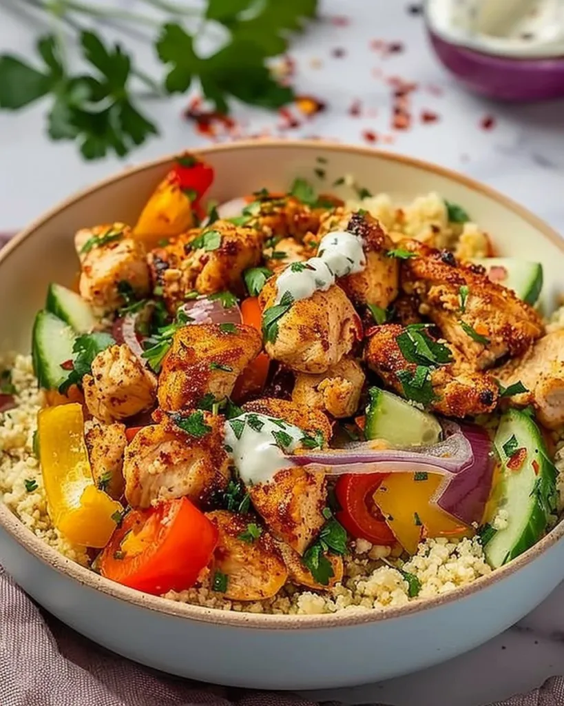 Moroccan Mediterranean chicken couscous bowl with spices and fresh vegetables.
