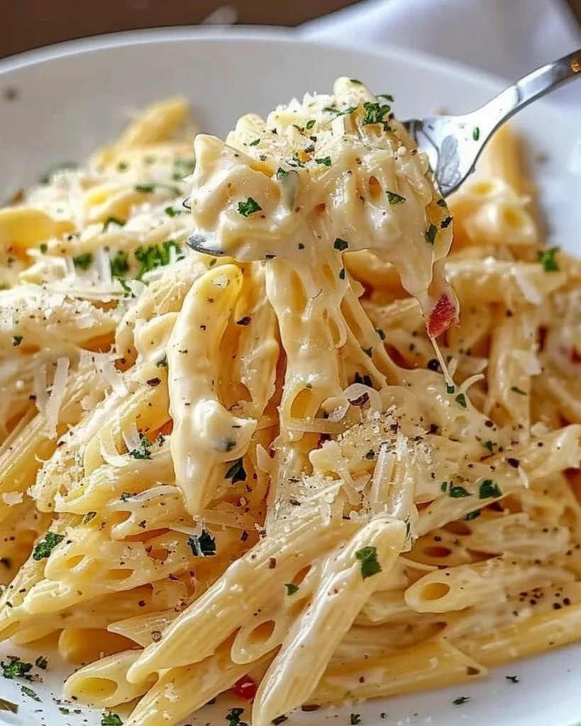 One Pot Creamy Garlic Pasta served in a bowl with herbs and Parmesan cheese