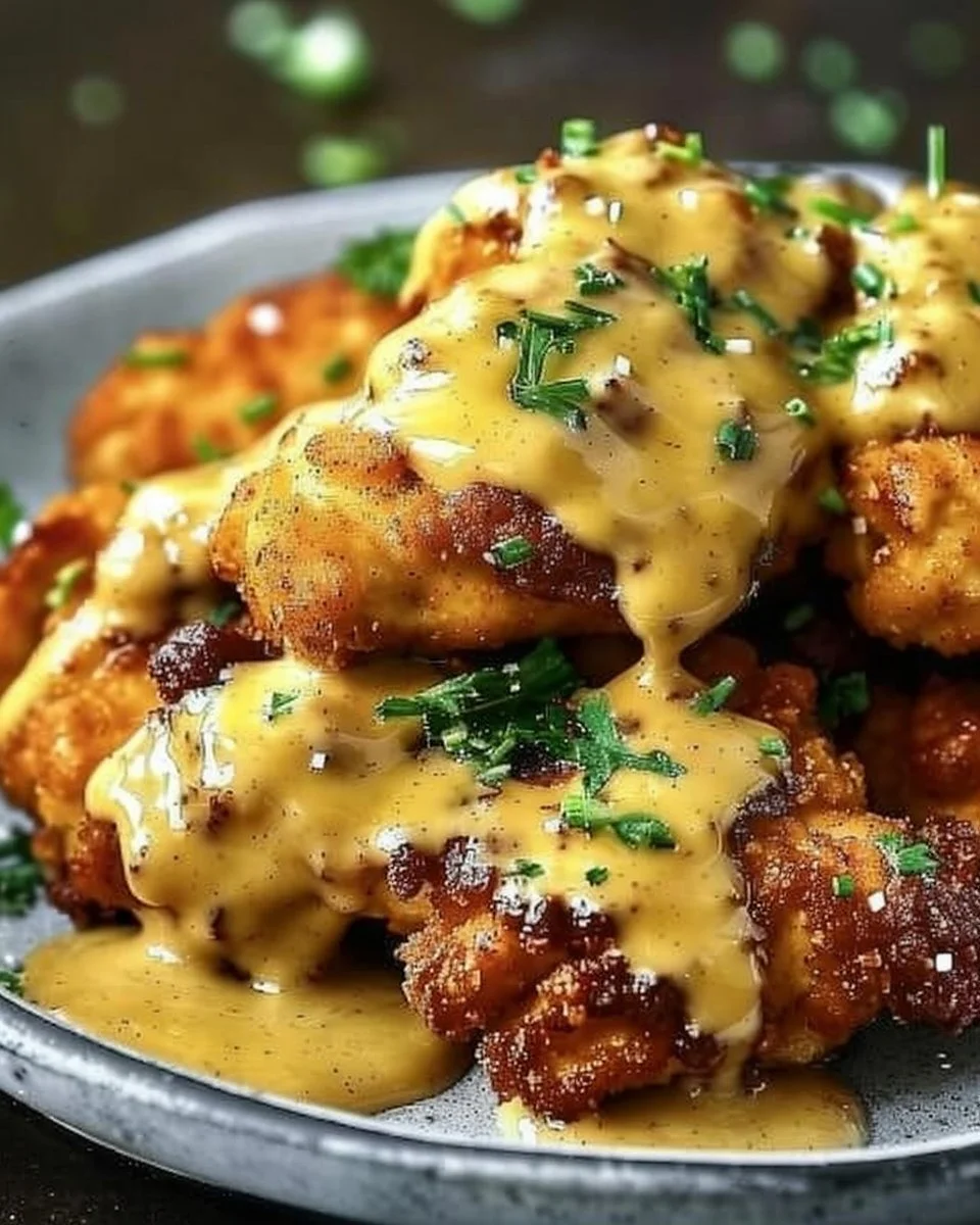 Pretzel Chicken with Mustard-Cheddar Sauce