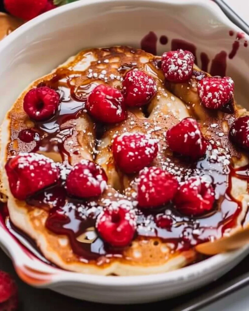 Delicious protein pancake bowl topped with fresh fruits and nuts