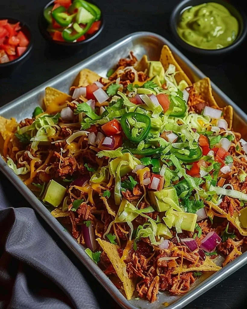 Delicious pulled pork nachos loaded with cheese and toppings
