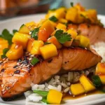 Pan-seared salmon topped with fresh mango salsa on a white plate