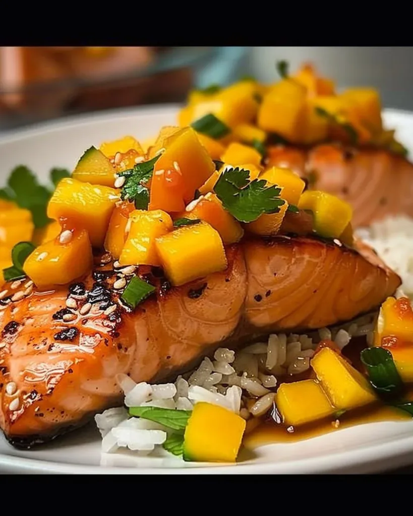 Pan-seared salmon topped with fresh mango salsa on a white plate