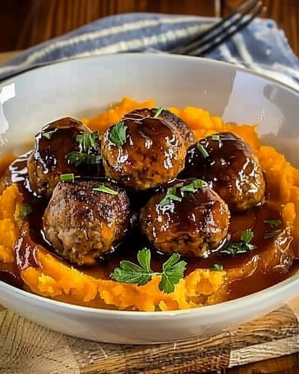 Savory pork meatballs with creamy sweet potato mash and bourbon-maple sauce
