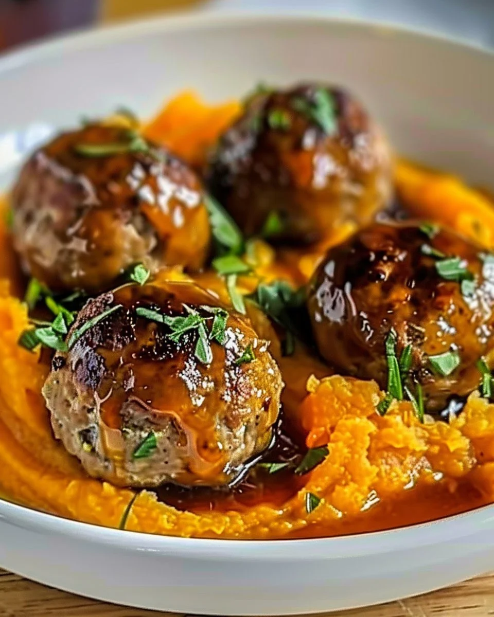 Enjoy Irresistible Pork Meatballs with Sweet Potato Mash & Bourbon-Maple Sauce