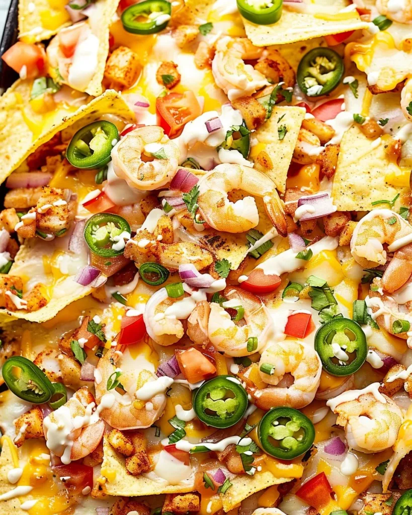 Delicious Shrimp Nachos topped with fresh ingredients