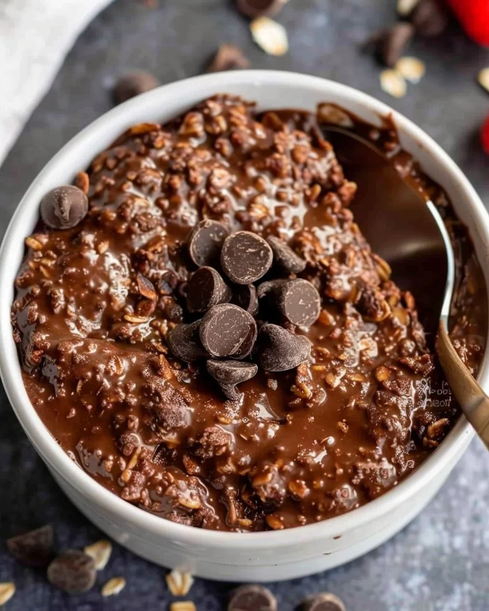 Delicious single serve baked protein chocolate oats in a cozy bowl