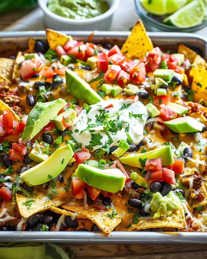 Delicious spicy black bean nachos with toppings ready to be enjoyed